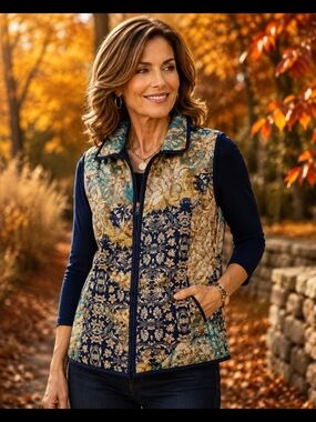 Chico’s Size 2 Large Quilted Floral Paisley Zip Front Vest Navy Teal